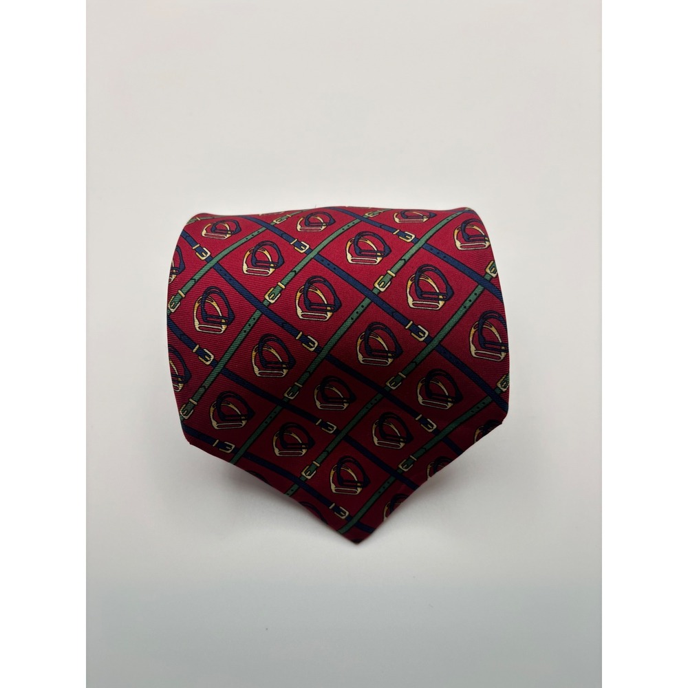 Tommy Hilfiger Mens Red Silk Equestrian Stirrup Buckle Pattern Necktie
